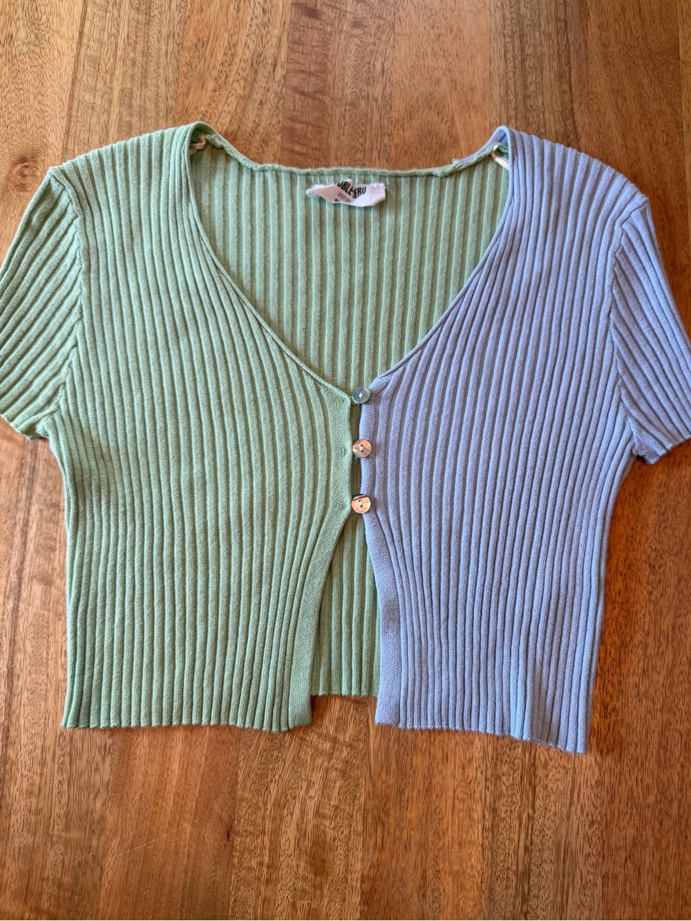 Double Zero Two-Tone Ribbed Button Crop Top - Light Green & Periwinkle
